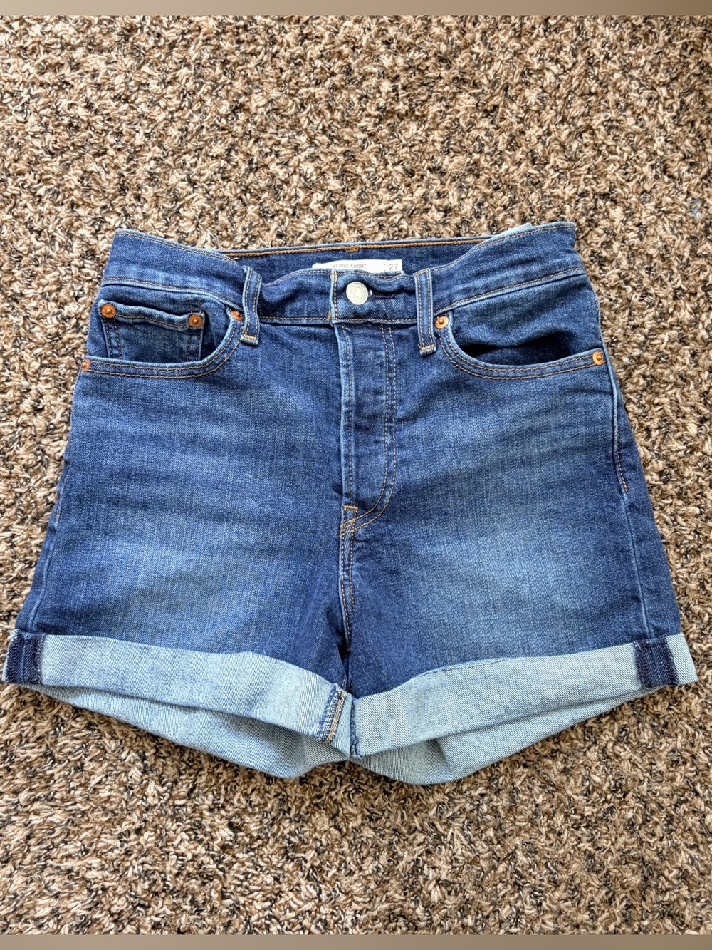 Levi’s Wedgie High-Rise Rolled Hem Denim Shorts in Dark Blue